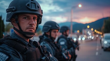 Three men in black helmets stand on a street