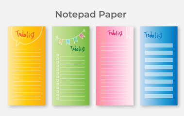 Vibrant gradient to-do list notepad designs in yellow, green, pink, and blue colors with checklist formatting, perfect for daily planning, task management, and colorful organization.
