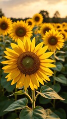 Fototapeta premium Yellow blooming sunflowers waved by wind grow in agricultural field. Cultivation of oil giving plants at picturesque farmland on summer day