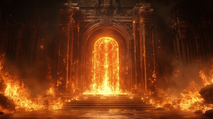 Obraz premium Fiery portal glows intensely within ancient ruins dramatically lit. AI Generated