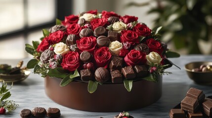 A heart-warming gift set, adorned with a bouquet of vibrant red roses and a delectable assortment of assorted chocolates, a perfect testament to love is tender touch.