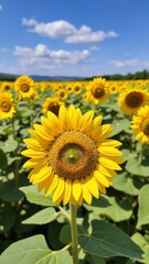 Obraz premium Yellow blooming sunflowers waved by wind grow in agricultural field. Cultivation of oil giving plants at picturesque farmland on summer day