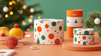 Festively designed containers with colorful polka dots and geometric shapes on a warm table, surrounded by fruits and holiday decorations.