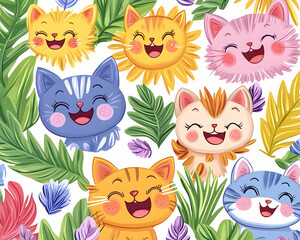 Happy Cats in Tropical Floral Pattern