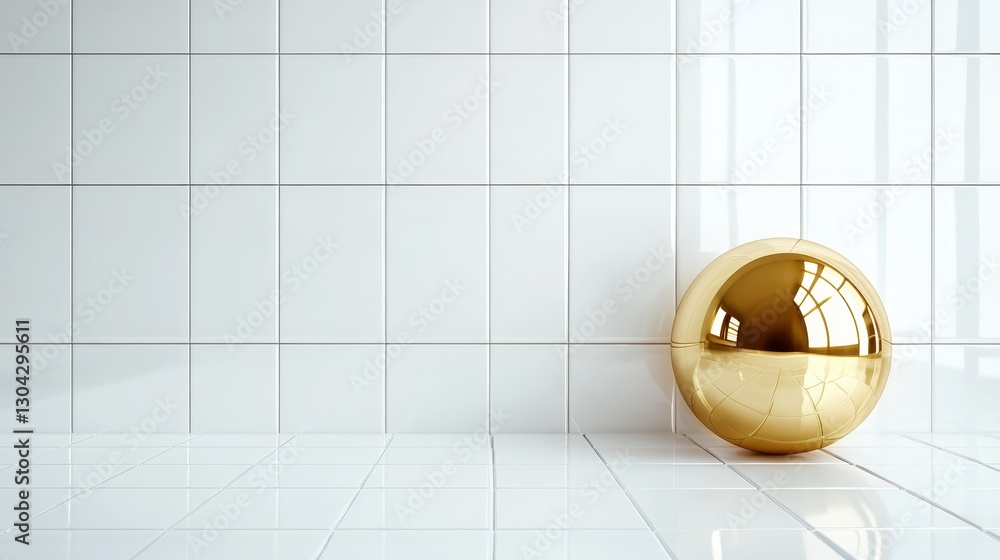 Poster this image features a large, shiny golden sphere placed in a modern setting, contrasting beautifully