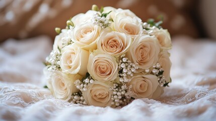 A bouquet of pristine white roses, adorned with delicate lace and pearls, served as a focal point, creating a soft and ethereal atmosphere at a wedding celebration.