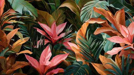 A painting of a lush green jungle with pink flowers
