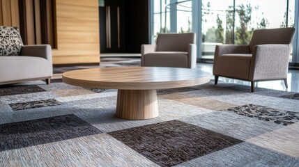 A room with a wooden coffee table and two chairs