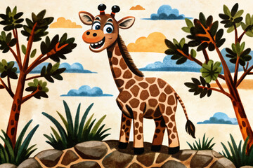 Fototapeta premium funny giraffe in wild savanna landscape abstract cartoon illustration