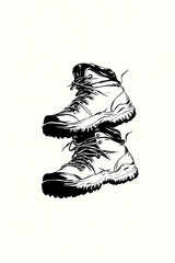 Fototapeta premium Hiking boots, monochrome illustration, outdoor adventure