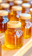 Honey jars displayed on wooden shelf at market