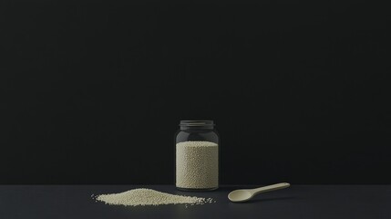 A glass jar filled with quinoa, placed beside a wooden spoon with grains spilled onto a dark slate board,