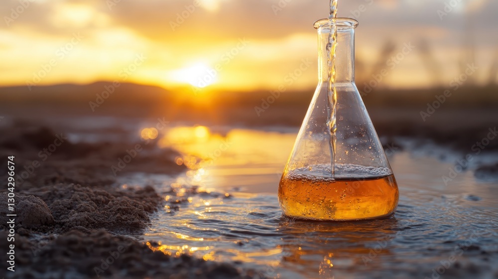 Poster a beautiful scene featuring a laboratory flask with amber liquid, illuminated by the warm glow of th