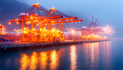Obraz premium Illuminated harbor cranes loading cargo at night