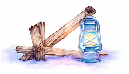 Illuminated Lantern beside Rustic Fence in Winter