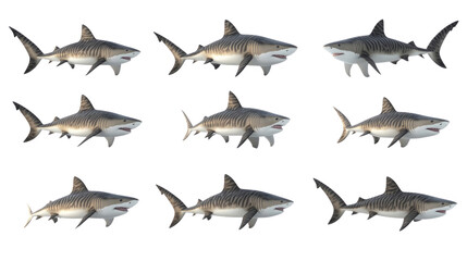 Sharks swimming gracefully in diverse positions showcasing their sleek and powerful bodies in an underwater environment