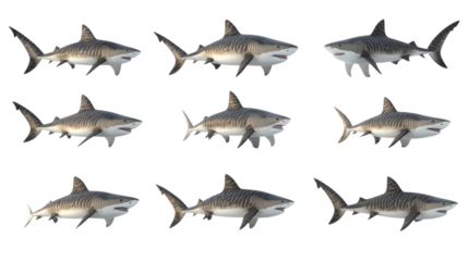 Sharks swimming gracefully in diverse positions showcasing their sleek and powerful bodies in an underwater environment