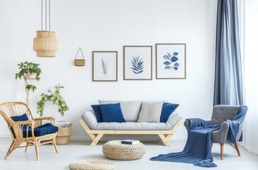 A Scandinavian-style living room with white walls, adorned with blue and navy decor elements like framed artwork, sofa, armchair, and throw blanket