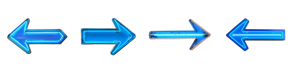 Set of a blue neon arrow sign, isolated on a transparent background.