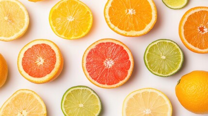 Obraz premium A collection of vibrant citrus fruits sliced in half, showcasing their bright interiors,