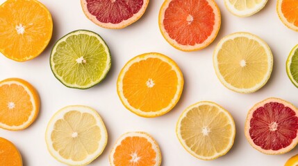 Obraz premium A collection of vibrant citrus fruits sliced in half, showcasing their bright interiors,