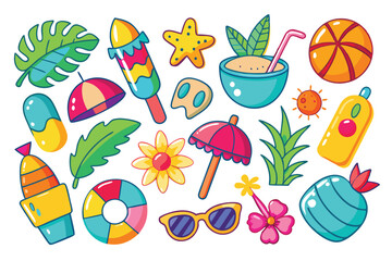 Flat summer elements collection. Minimalist geometric style. Boat, surfboard, watermelon, lemon, seashell, photo camera, palm tree. Vector flat illustration.
