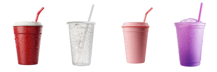 A Set of Iced Drink Cups with Straws and Condensation Isolated on Transparent Background