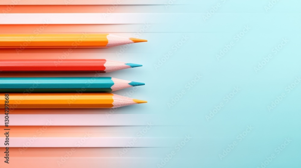Poster an eye-catching composition of assorted colored pencils, elegantly displayed against a subtle gradie