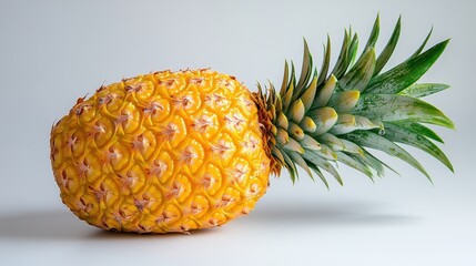 A vibrant yellow pineapple, its skin glistening with dew, sits proudly on a stark white backdrop, its green foliage adding a touch of tropical vibrancy.