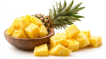 A vibrant yellow pineapple, its crown adorned with a crown of spiky green leaves, stood majestically against a stark white backdrop, a symbol of tropical bounty and summer refreshment.