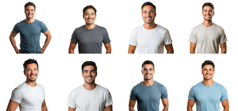 A Set of Smiling Young Men with Short Dark Hair in Casual T-shirts Isolated on Transparent Background - Powered by Adobe