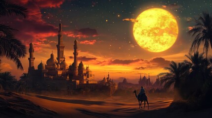 An enchanting desert scene with city and large celestial body