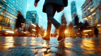 A lone businessman strides through a softly lit urban setting at dusk, embodying the balance between professionalism and the allure of city life.
