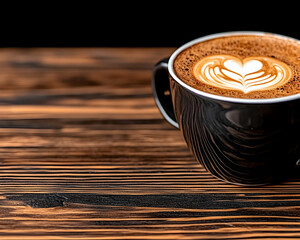 Latte art heart in dark mug on wood table