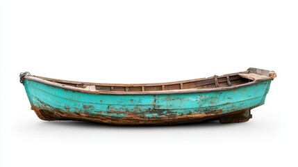 This image showcases a vintage, rusted fishing boat painted in a distinct turquoise shade, emphasizing its worn and weathered texture and character by the sea.