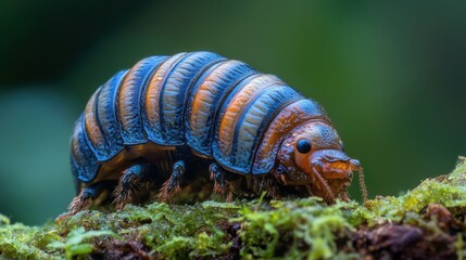 A miniature marvel, its striped shell shimmering like jewels and its textured body a canvas of intricate details, the pill bug, a creature of the forest, captivated with its unique beauty and