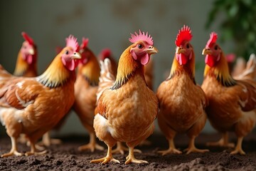 Fototapeta premium Free range chicken. Chickens can live in a more natural environment for protect biodiversity and reduce greenhouse gas emissions. Organic healthy meat concept