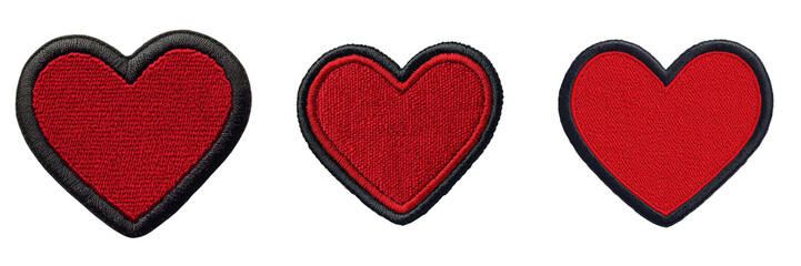 A Set of Flat Red Heart Embroidered Patches with Black Outline Isolated on Transparent Background
