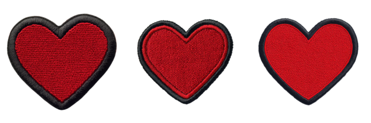 A Set of Flat Red Heart Embroidered Patches with Black Outline Isolated on Transparent Background