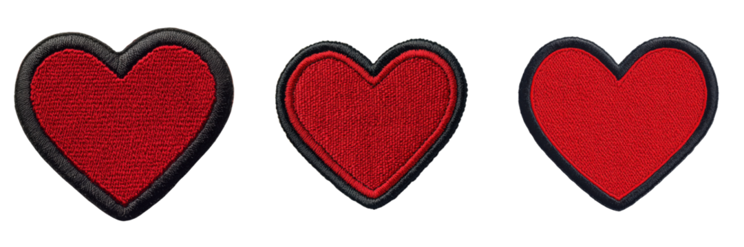 A Set of Flat Red Heart Embroidered Patches with Black Outline Isolated on Transparent Background - Powered by Adobe