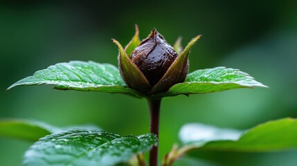 A close-up of a flower bud gracefully rising from lush green leaves, symbolizing nature's beauty and the promise of blooming life yet to come in a garden.