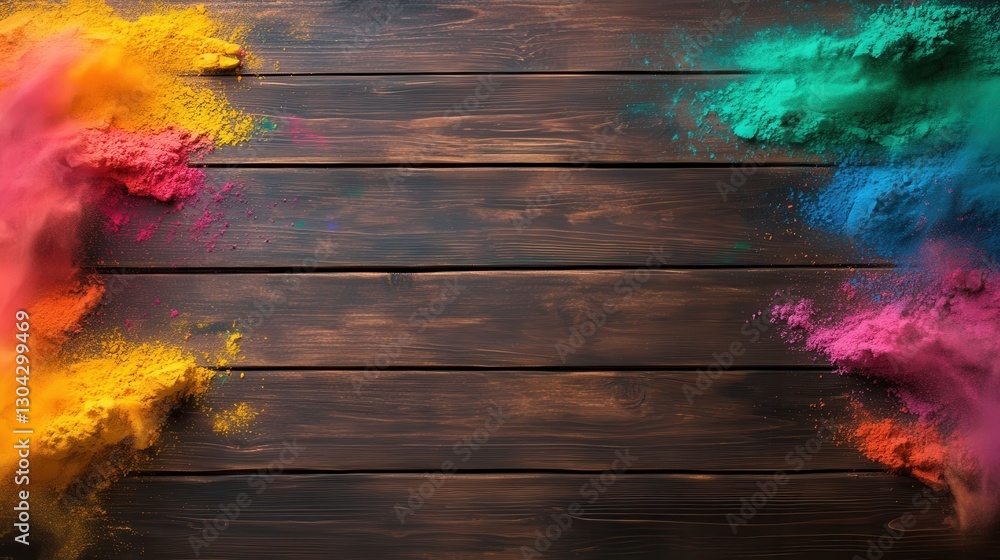 Poster a beautiful display of colored powders spilling across a wooden table, creating a dynamic compositio