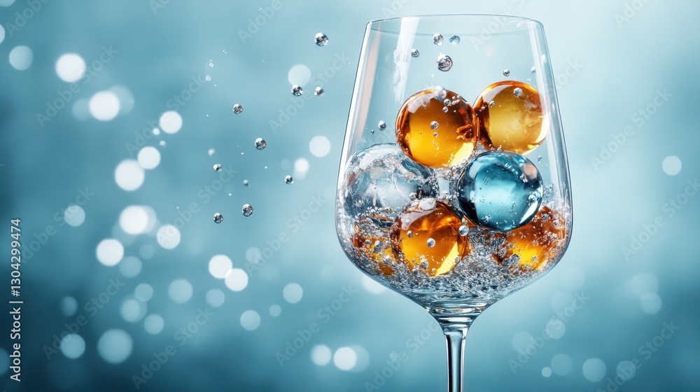 Poster a striking visual of a glass filled with vibrant spheres and splashing water, creating a refreshing 
