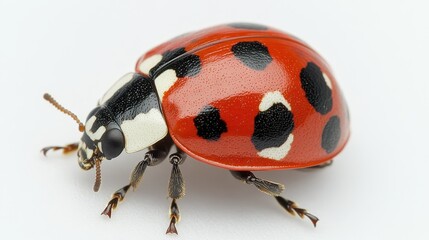 Fototapeta premium A tiny red ladybug, its black spots scattered like diamonds, perched majestically against a pristine white backdrop, a symbol of innocence and beauty.
