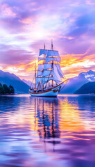 Obraz premium Majestic sailing ship at sunset, fjord reflection