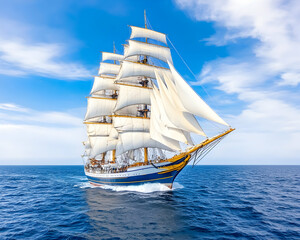 Majestic sailing ship glides across ocean under sunny skies