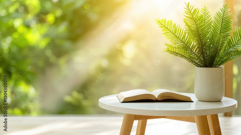 Poster an inviting reading corner featuring a book and lush greenery on a small table, bathed in soft sunli
