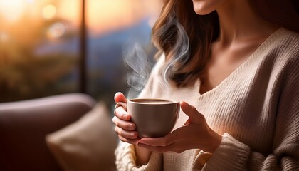A close-up of hands gently holding a warm, steaming cup of coffee, with the steam rising in soft curls. The cozy ambiance, complete with a blurred background of a comfy setting, conveys a relaxing 
