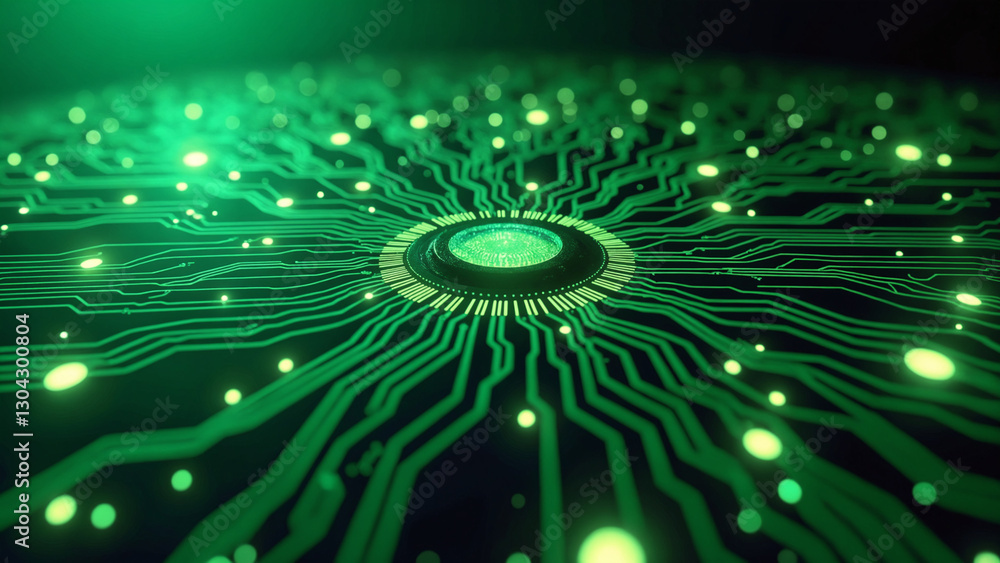 Poster abstract green digital circuit board with glowing connections