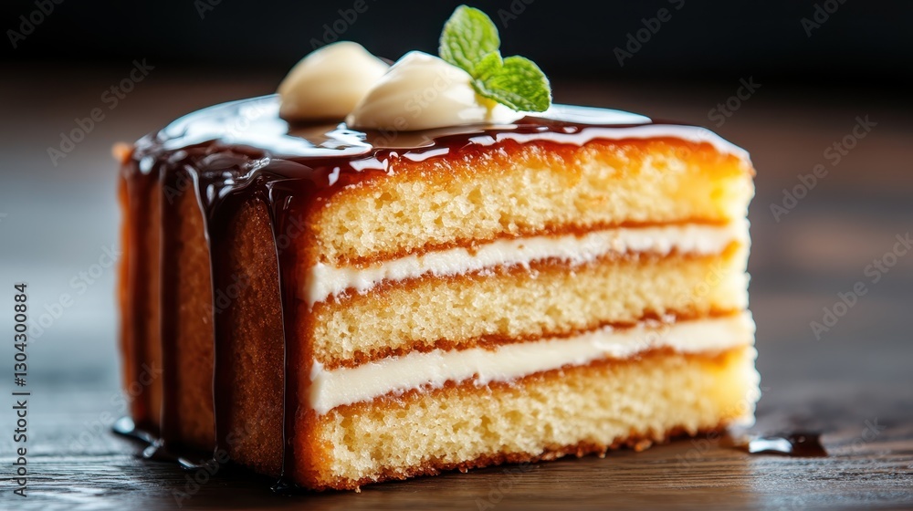 Poster this mouthwatering image features a three-layer vanilla cake generously topped with a decadent choco